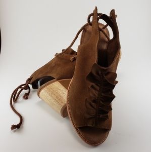 Tom's Elba Ruffle Bootie in Brown Suede Leather